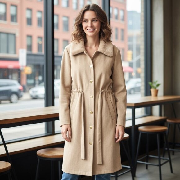 Alice Blue Faux Suede Beige Long Coat with Faux Fur Collar and Belt Womens XL - Picture 1 of 14